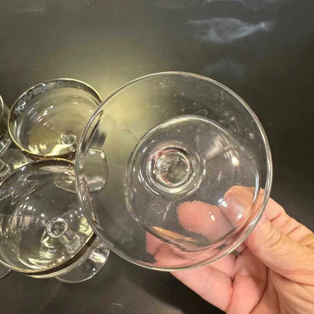 Vintage Champagne Coupe Set 6 Silver Floral Etched Rim Mid Century Clear Glass